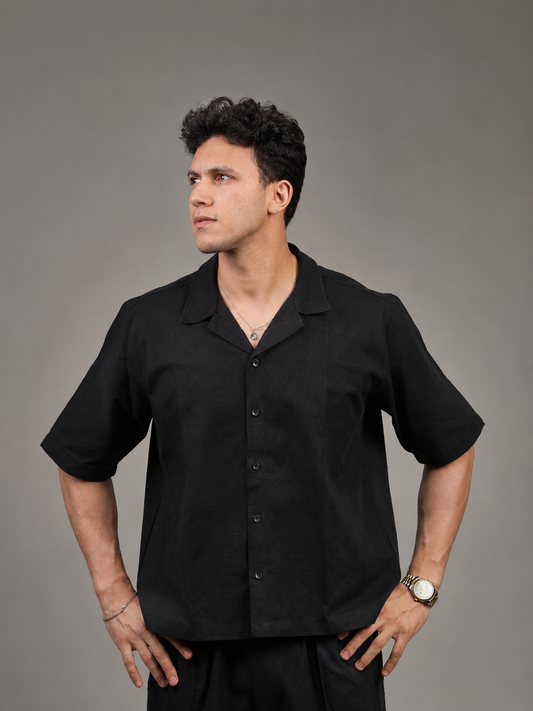 Premium linen camp collar shirt in black — Beyond Basic