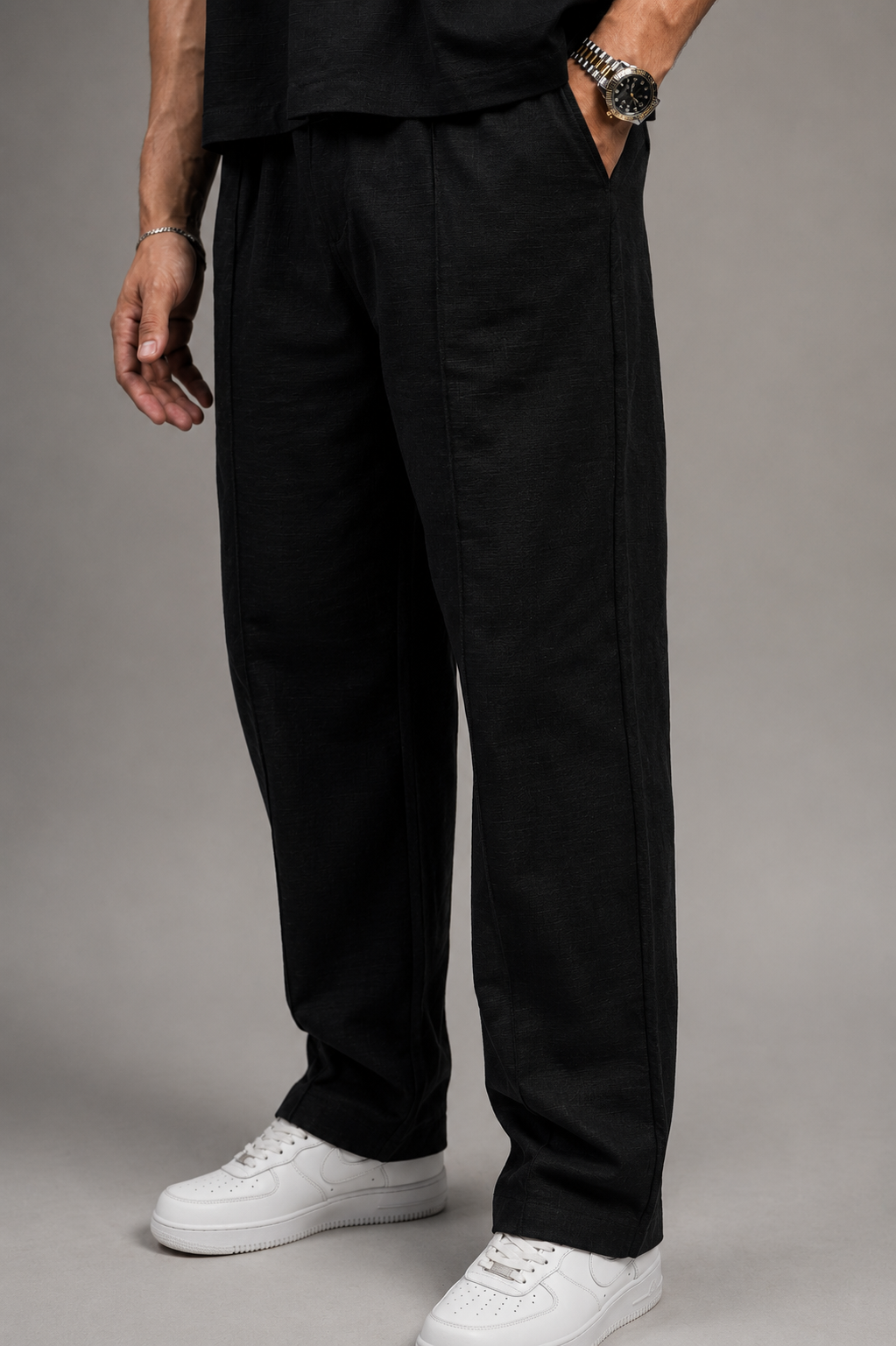 Relaxed fit wide-leg linen trousers in black — Beyond Basic
