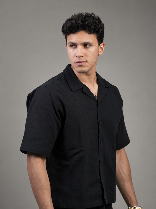 Premium linen camp collar shirt in black — Beyond Basic