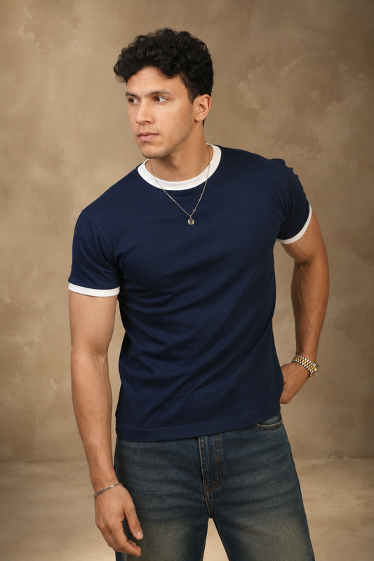 Navy blue ringer t-shirt with contrast white trims — Beyond Basic