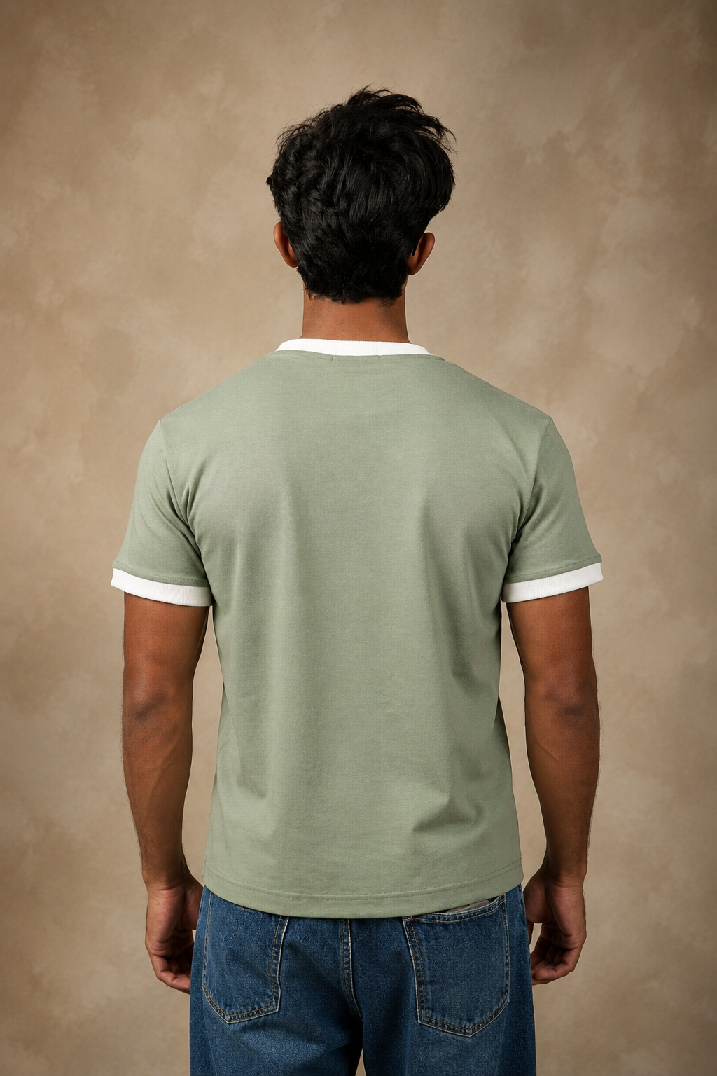 Sage green ringer t-shirt with contrast white trims — Beyond Basic