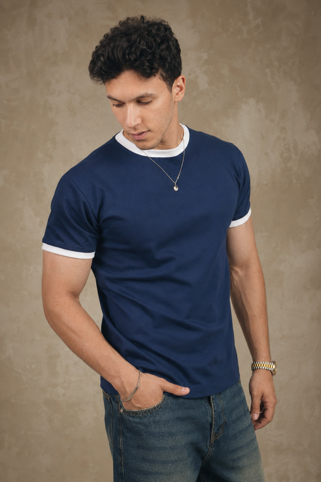 Navy blue ringer t-shirt with contrast white trims — Beyond Basic