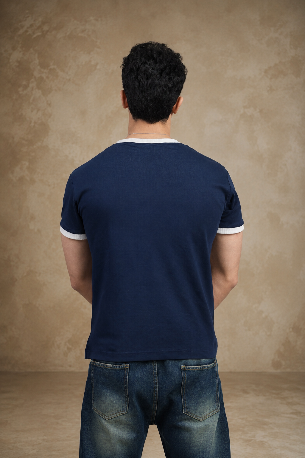Navy blue ringer t-shirt with contrast white trims — Beyond Basic