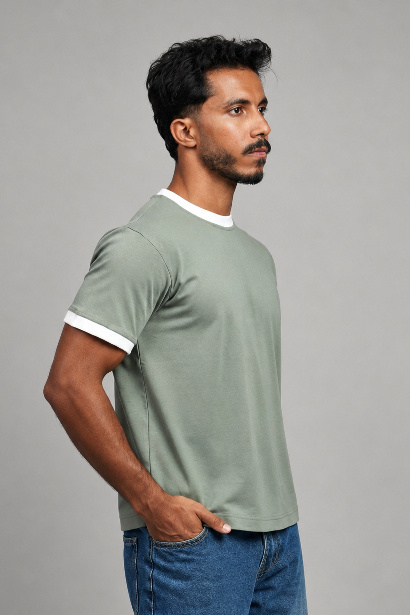 Sage green ringer t-shirt with contrast white trims — Beyond Basic