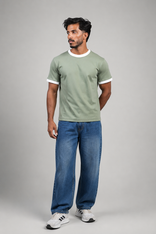 Sage green ringer t-shirt with contrast white trims — Beyond Basic